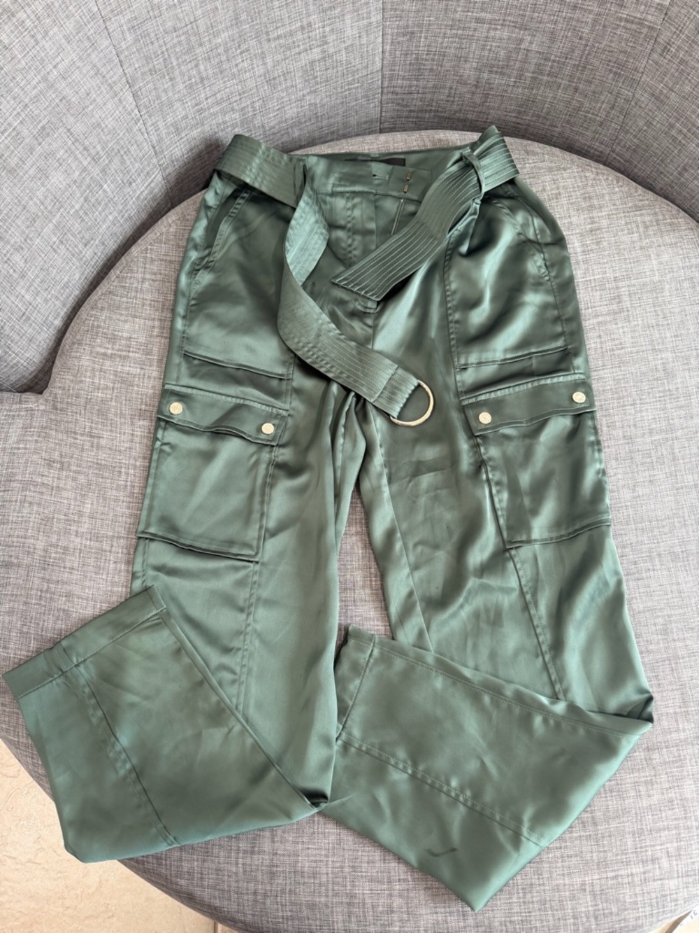 White House Black Market Olive Green Satin Cargo Trousers with Belt